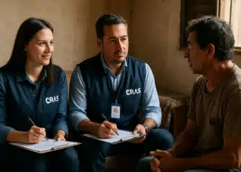 Cadastro Único: veja quem está dispensado da visita domiciliar em 2026 10 Dois assistentes do CRAS entrevistam morador em residência simples com pranchetas na mão