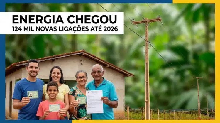 Família comemorando nova ligação de energia rural em 2026.