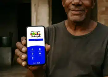 Homem sorrindo mostra celular com aplicativo do Bolsa Família aberto na tela.