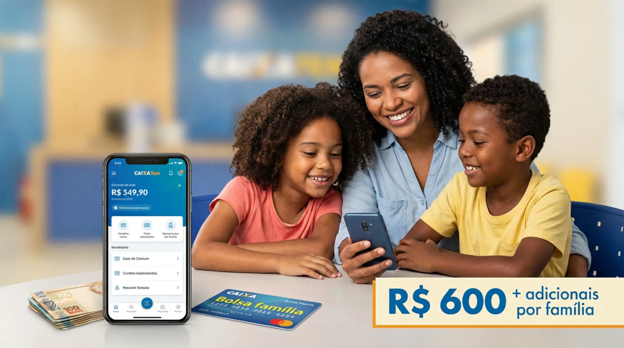 Família acessando valor atualizado do Bolsa Família 2026. Mãe e dois filhos sorrindo, olhando para celular com cartão Bolsa Família e dinheiro sobre a mesa.