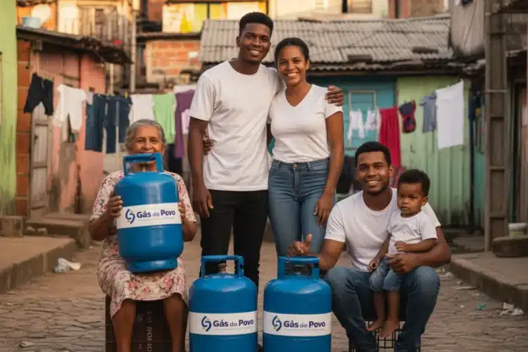 Família sorridente com botijões do Gás do Povo em rua de comunidade.