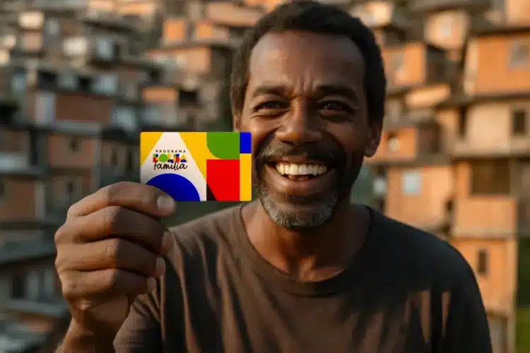 Homem sorridente segura cartão colorido do Bolsa Família com casas ao fundo.