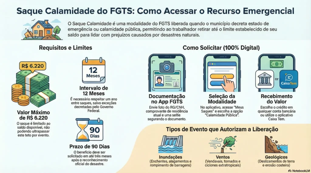 Infográfico detalha saque calamidade do FGTS pelo celular em 2026. Ilustrações mostram requisitos, passos no aplicativo FGTS e situações para sacar benefício emergencial via celular.