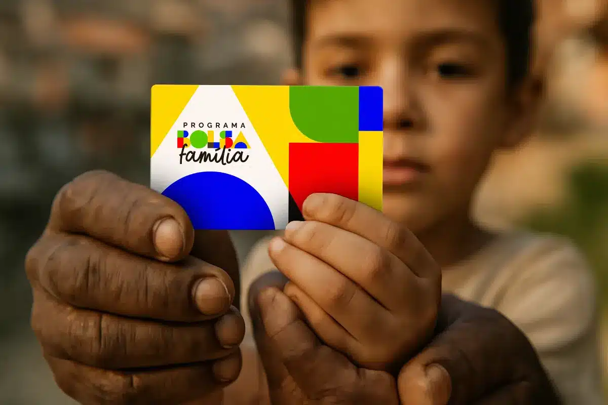 Cartão Bolsa Família em mãos de criança e adulto simboliza critérios do benefício. Criança segura cartão colorido do Bolsa Família junto com mãos de adulto em ambiente externo.