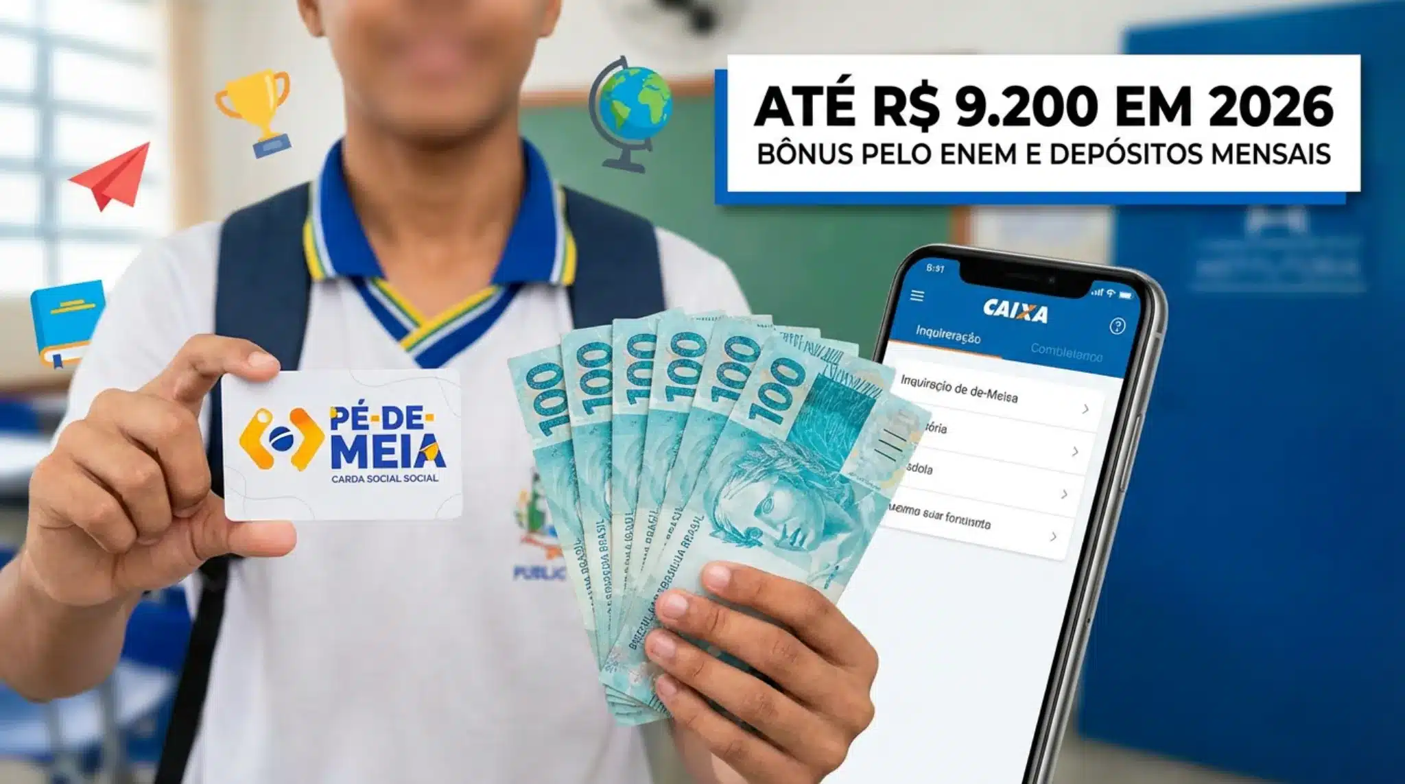 Estudante com cartão Pé-de-Meia exibe benefício de até R$ 9.200 em 2026. Jovem uniformizado segura cartão Pé-de-Meia e notas de R$ 100 ao lado de celular com app da Caixa.