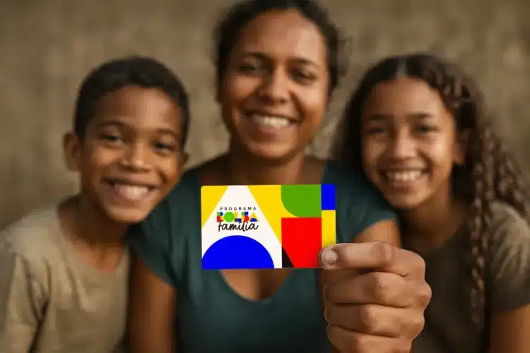 Pagamento Bolsa Família 2026 Mulher sorridente ao centro mostra cartão colorido do Bolsa Família com duas crianças sorrindo ao lado
