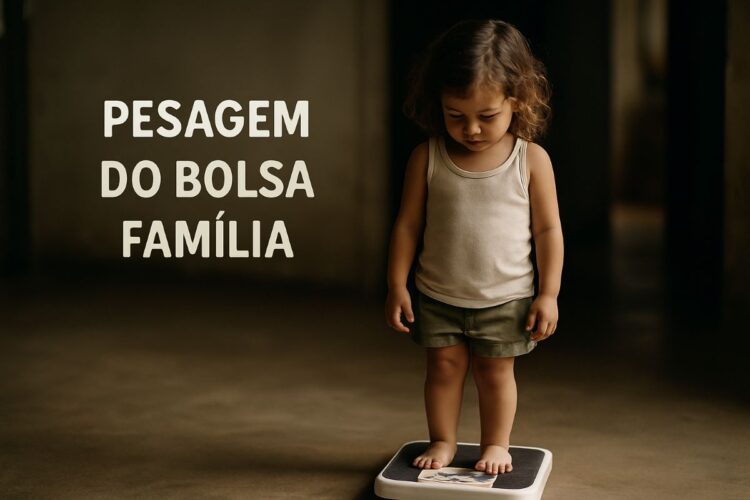 Criança pequena em pé sobre balança representando a pesagem obrigatória do Bolsa Família convocada pelas prefeituras