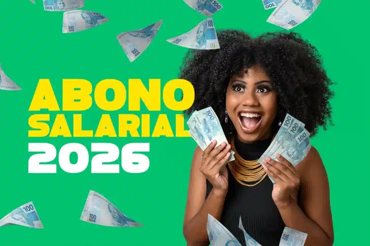 Abono salarial 2026: quanto você recebe em maio? Valores chegam a R$ 1.621 1 Mulher sorrindo segurando notas de dinheiro com destaque para abono salarial 2026 e valores liberados