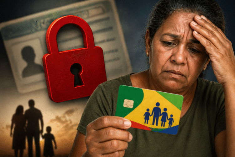 Mulher preocupada segurando cartão do Bolsa Família com cadeado simbolizando bloqueio de CPF em apostas