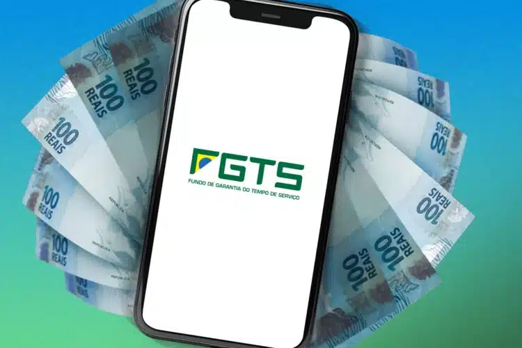 FGTS poderá ser utilizado em renegociações pelo Desenrola Brasil 2.0 2 Smartphone exibindo logo do FGTS sobre notas de R$ 100 em fundo azul e verde degradê.