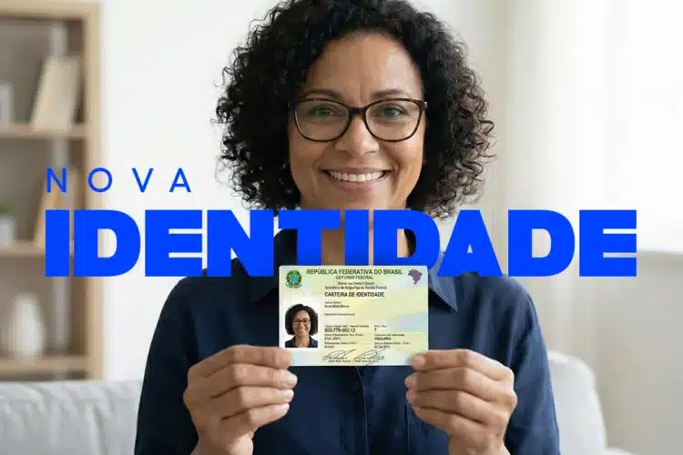 Você sabia? Novo RG brasileiro já pode ser emitido fora do país 1 Mulher sorridente de cabelos cacheados e óculos mostra a nova CIN com CPF como identificador único.