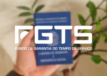 FGTS poderá ser utilizado em renegociações pelo Desenrola Brasil 2.0 5 Mão segura carteira de trabalho azul com logotipo FGTS em destaque e plantas verdes ao fundo.