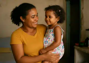 Mulher de camiseta amarela sorri segurando menina de vestido floral colorido em uma casa modesta