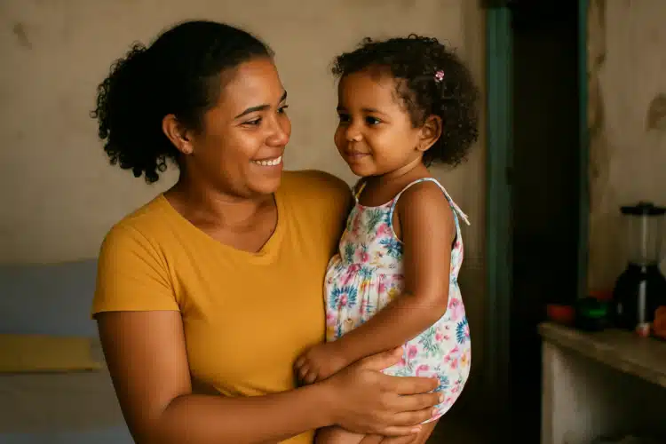 Mães de Pernambuco paga R$ 300 no dia 8 de abril; veja quem recebe 1 Mulher de camiseta amarela sorri segurando menina de vestido floral colorido em uma casa modesta