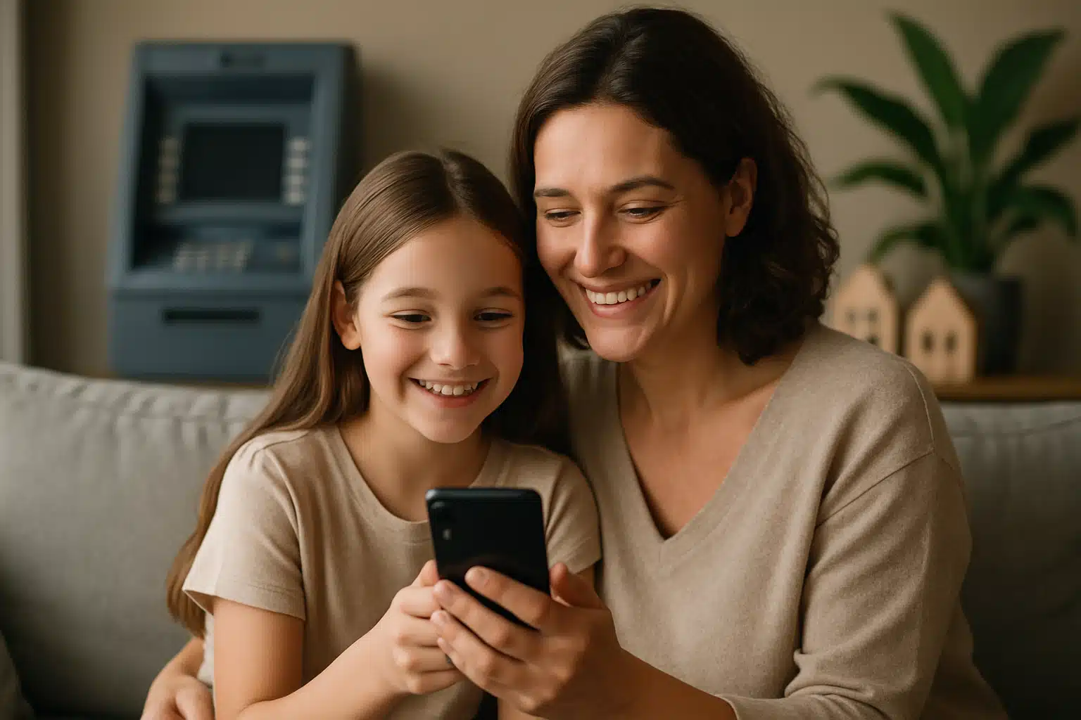 Mãe e filha felizes conferem celular em ambiente doméstico Mãe e filha sorridentes olham o celular juntas em sala com caixa eletrônico ao fundo