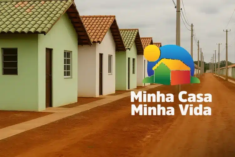 Novas regras do Minha Casa, Minha Vida surpreendem e ampliam acesso à casa própria 2 Conjunto habitacional do Minha Casa Minha Vida com casas verde-claro e brancas ao lado de rua de terra vermelha.