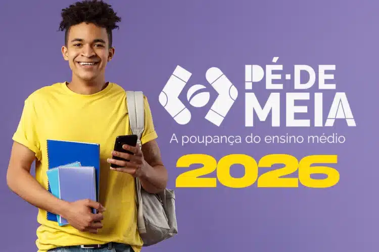 Pé-de-Meia libera R$ 200 entre 27 de abril e 4 de maio; consulte sua data 1 Jovem estudante com mochila segurando celular e cadernos com texto Pé-de-Meia 2026