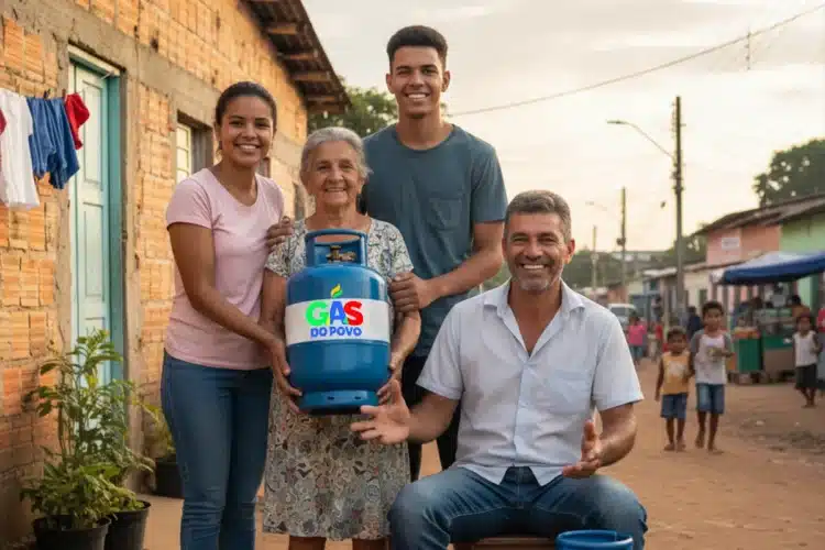 Quatro pessoas de gerações diferentes sorridentes seguram botijão azul com logo Gás do Povo em comunidade.
