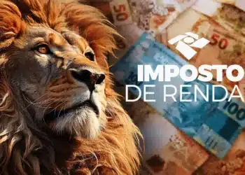 Restituição do IR 2026: veja ordem de prioridade e datas de pagamento 7 Leão de juba dourada com logotipo da Receita Federal e texto "Imposto de Renda" sobre cédulas de 50 e 100 reais.