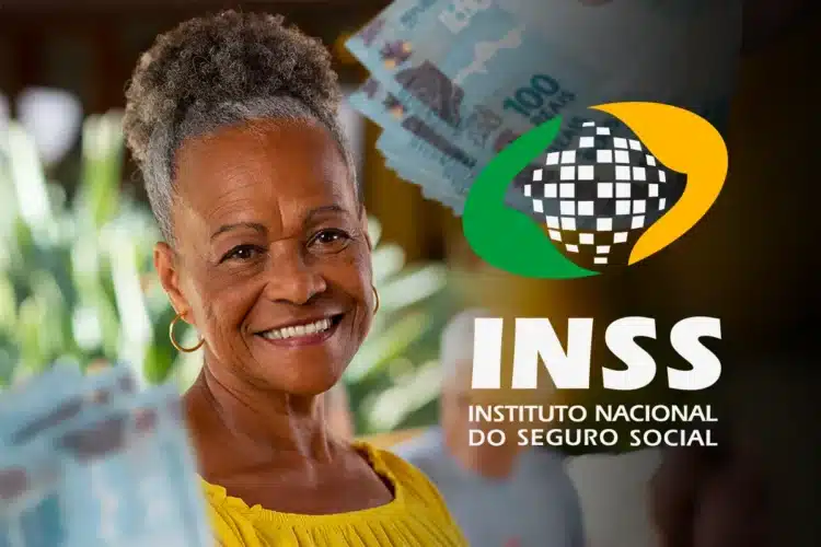 INSS: atendimento nas agências será suspenso nos dias 20 e 21 1 Mulher idosa negra sorrindo, cabelo grisalho curto, blusa amarela, com logomarca do INSS e cédulas de R$ 100.