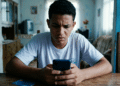 Jovem olha o celular com expressão preocupada à mesa, com um cartão ao lado