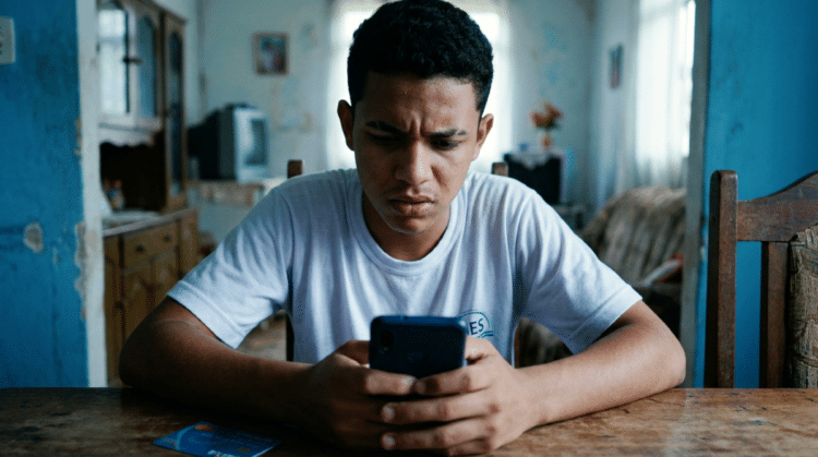 Jovem olha o celular com expressão preocupada à mesa, com um cartão ao lado