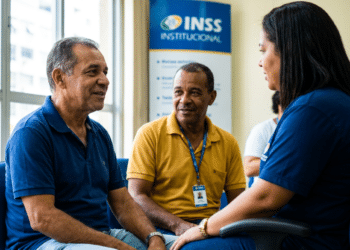 Dois homens conversam com uma atendente do INSS