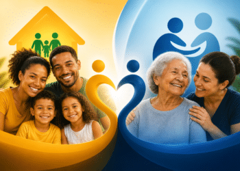 Família com crianças e idosa com cuidadora representando Bolsa Família e BPC e a transição entre os benefícios