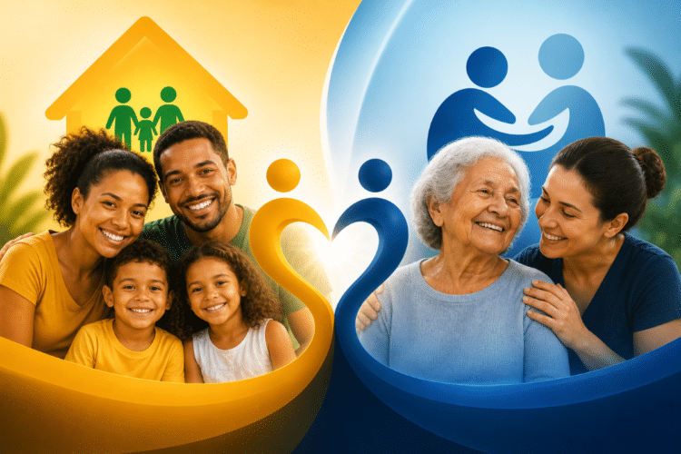 Família com crianças e idosa com cuidadora representando Bolsa Família e BPC e a transição entre os benefícios