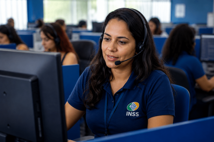 Atendente do INSS com headset durante o atendimento em uma central telefônica
