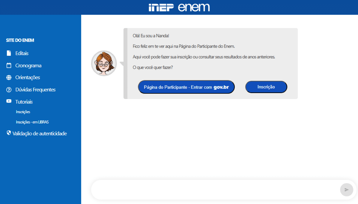 Enem: a regra que dá R$ 200 e isenção total para o estudante do Pé-de-Meia 2 Tela do site do Enem com menu lateral azul e botão para acessar a Página do Participante pelo login gov.br