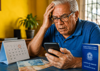 Homem idoso olha o celular com expressão preocupada, ao lado de calendário, dinheiro e carteira de trabalho