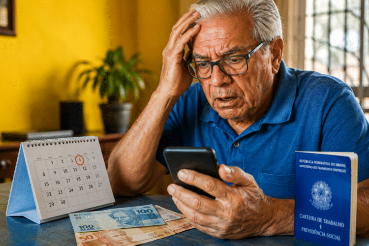 Homem idoso olha o celular com expressão preocupada, ao lado de calendário, dinheiro e carteira de trabalho