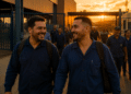 Trabalhadores de uniforme sorriem ao deixar uma fábrica no fim do expediente, ao pôr do sol