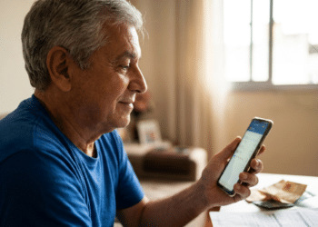 Idoso usando celular em casa