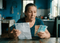 Idosa segura um documento e notas de real à mesa e, ao redor, a cozinha de uma casa simples
