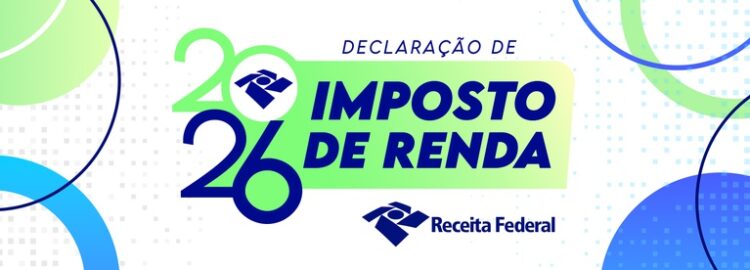 Banner da Declaração de Imposto de Renda 2026 com logo da Receita Federal sobre fundo claro