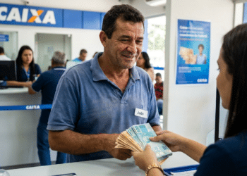 Homem recebe um maço de cédulas de uma atendente no balcão de uma agência da Caixa