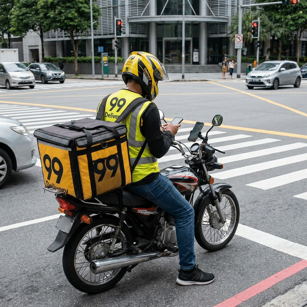Governo Lula lança linha de crédito para motos elétricas destinada a entregadores 2 Entregador 99 Delivery de colete amarelo usa celular parado em moto preta no semáforo