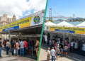 Tendas do programa Governo do Brasil em Porto Alegre e Florianópolis com filas de pessoas aguardando atendimento