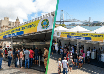 Tendas do programa Governo do Brasil em Porto Alegre e Florianópolis com filas de pessoas aguardando atendimento