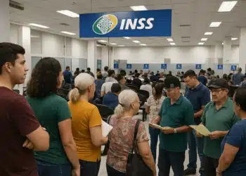 Pessoas em fila dentro de agência do INSS, sob placa azul com logotipo, aguardando atendimento com documentos nas mãos.