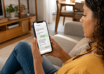 Mulher de cabelo cacheado usa smartphone exibindo chat do gov.br sobre carteira digital em sala de estar