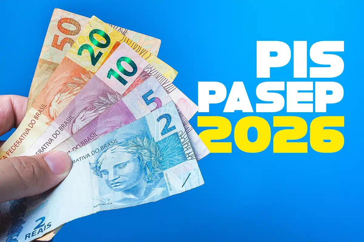 PIS/Pasep 2026: pagamentos de junho já têm data para cair; veja quem recebe 2 Mão segurando cédulas ao lado do texto PIS PASEP 2026 em fundo azul.