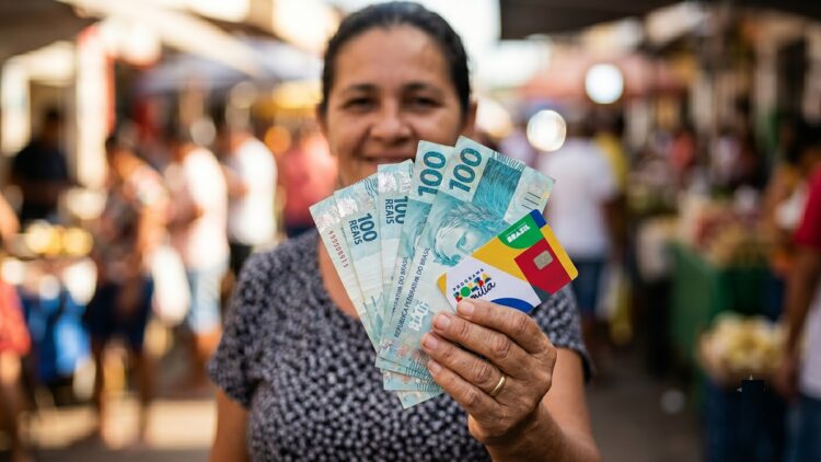 Mulher sorrindo segura notas de 100 reais e cartão do Bolsa Família em feira a céu aberto