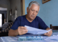 Idoso analisa documento à mesa com notas de cem reais sobre toalha xadrez azul