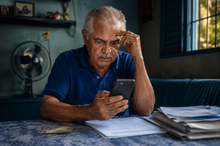 Idoso analisa celular com expressão preocupada à mesa com documentos ao lado em casa
