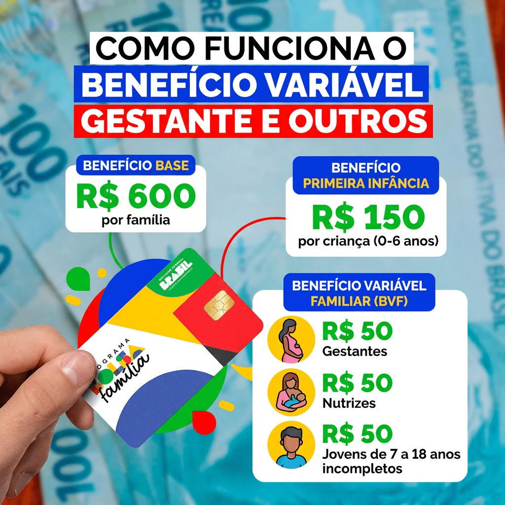 Bolsa Família de junho começa a ser pago na quarta-feira, 17/06 2 Infográfico com cartão do Bolsa Família mostrando valores de benefícios para gestantes, nutrizes e crianças de 0 a 18 anos