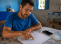 Homem aponta para data em calendário de mesa ao lado de celular e notas de real