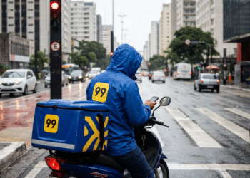 Motoboy da 99 com capa de chuva azul e bag amarela verifica celular enquanto aguarda semáforo vermelho em dia chuvoso